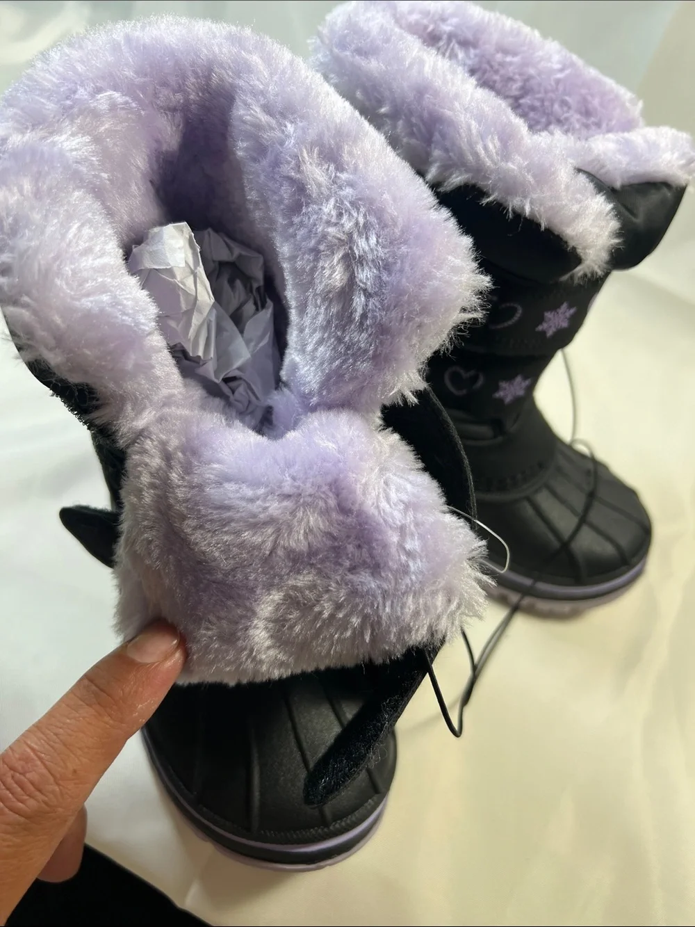 Kids Black & Lilac Snow Boots with Heart Accents
